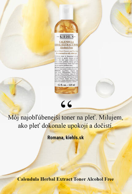 A bottle of Kiehl's Calendula Herbal-Extract Toner surrounded by calendula petals, accompanied by a customer testimonial about the product's refreshing qualities.