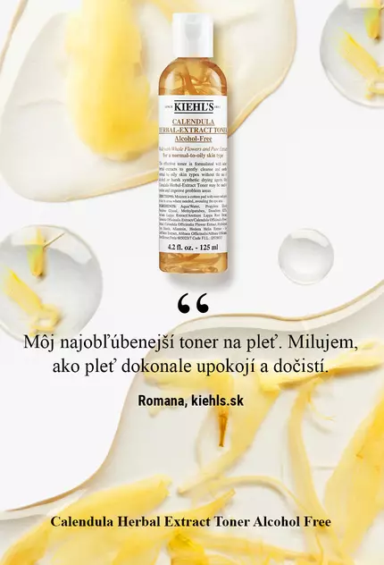 A bottle of Kiehl's Calendula Herbal-Extract Toner surrounded by calendula petals, accompanied by a customer testimonial about the product's refreshing qualities.