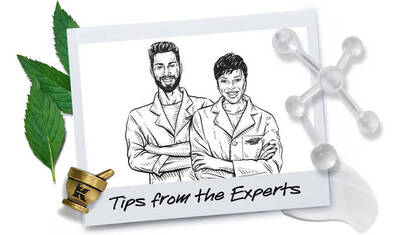 Illustration of two experts smiling and standing together, with a leafy backdrop and scientific elements like a molecule. The text reads "Tips from the Experts."