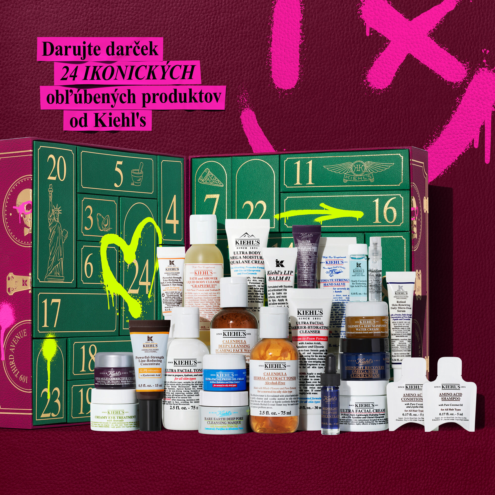 he left side features an open green Kiehl’s Advent Calendar with visible numbered compartments. Several Kiehl's skincare products are shown, some appearing to be removed from the calendar, including white tubes, dark jars, and a blue jar. Bright green graphic accents are seen on the calendar itself. The right side of the graphic is a solid purple background with white text that reads "HOLIDAY DROP: KIEHL'S ADVENT CALENDAR" and a smaller "SHOP NOW" below it.