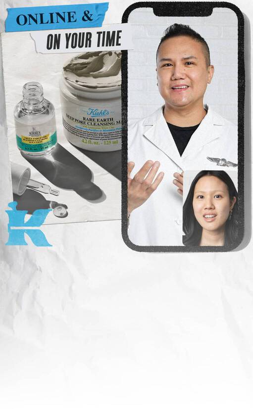 Obrazok zobrazujuci produkty kozmetiky Kiehl's, vratane pleťovej masky a produktu na pery, spolu s dvoma odbornikmi v bielych plašťoch na mobilnom zariadeni.