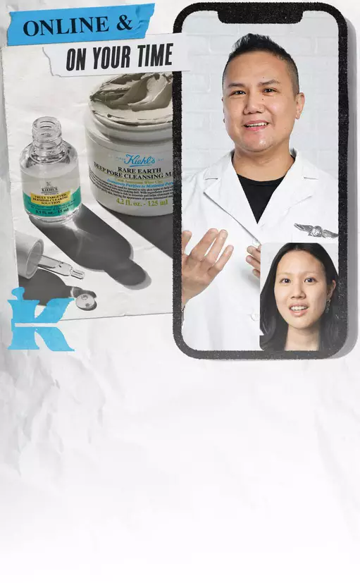 Obrazok zobrazujuci produkty kozmetiky Kiehl's, vratane pleťovej masky a produktu na pery, spolu s dvoma odbornikmi v bielych plašťoch na mobilnom zariadeni.