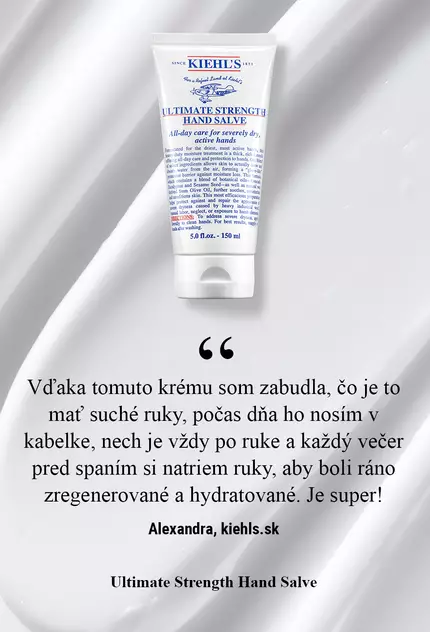 Туба с крем за ръце "Ultimate Strength Hand Salve" на Kiehl's, поставена на бяла вълнообразна повърхност. Текстът обяснява характеристиките на продукта.